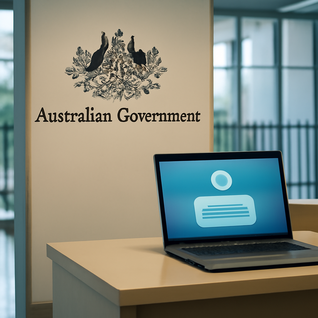 Government office interior with computer and blurred portal screen.