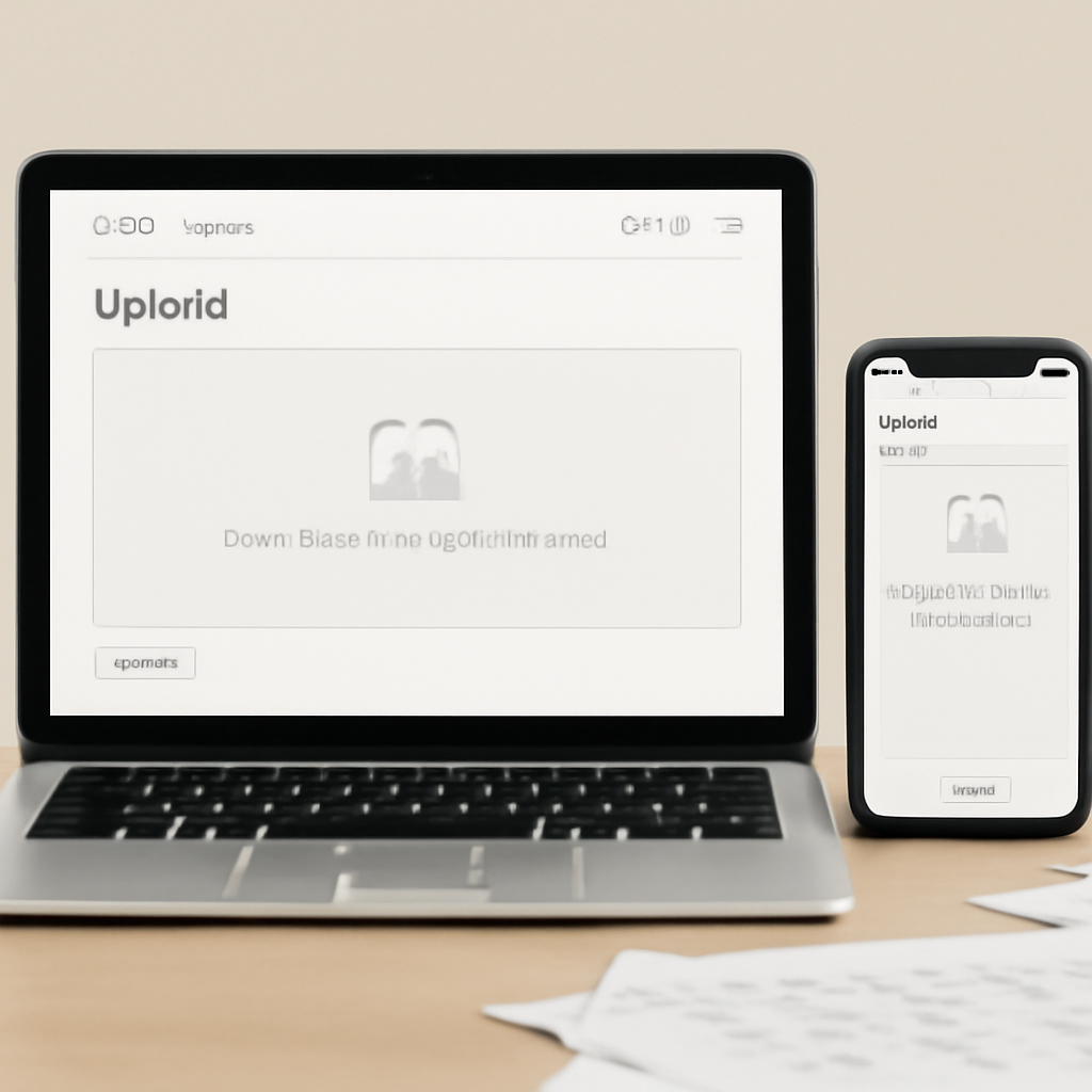 Laptop and mobile devices show image upload pages on screens.