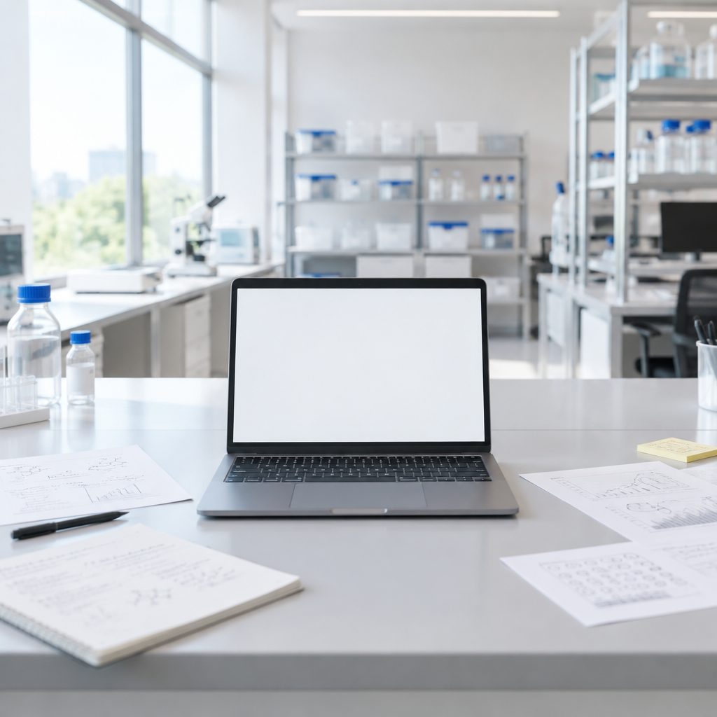 A minimalist tech lab with a laptop workstation and scattered papers on a simple table.