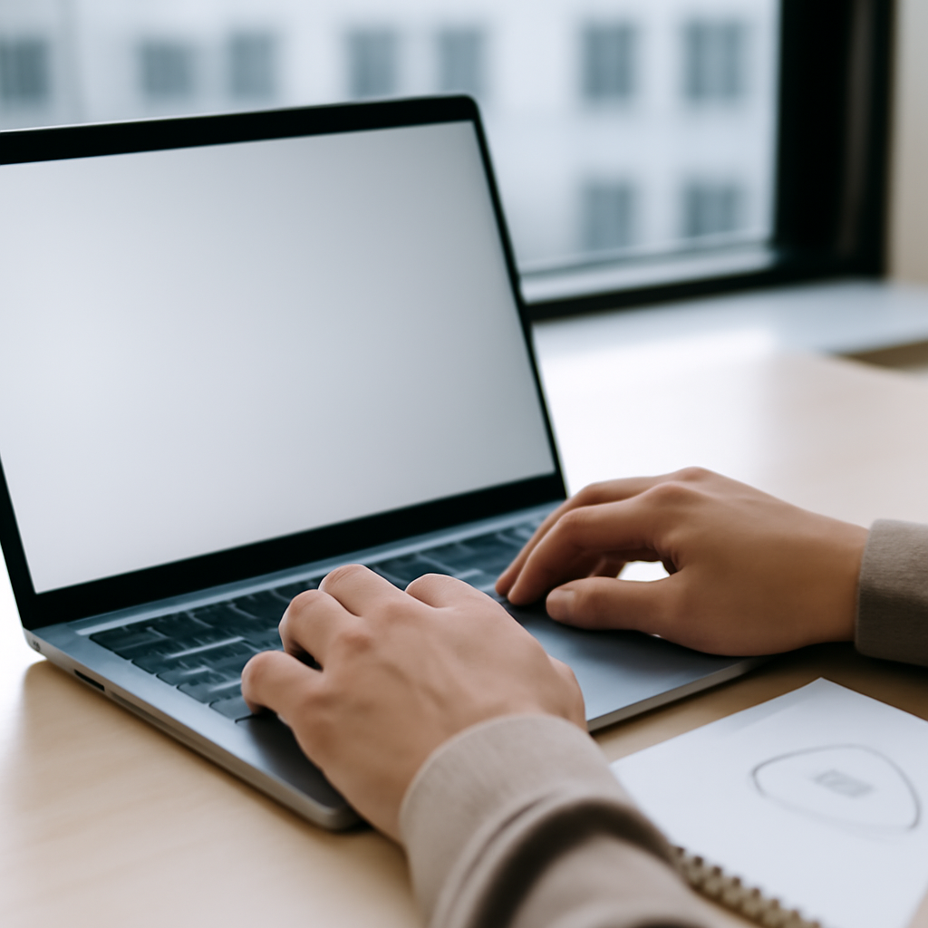Person working on laptop with cityscape in background, hands poised over keyboard.