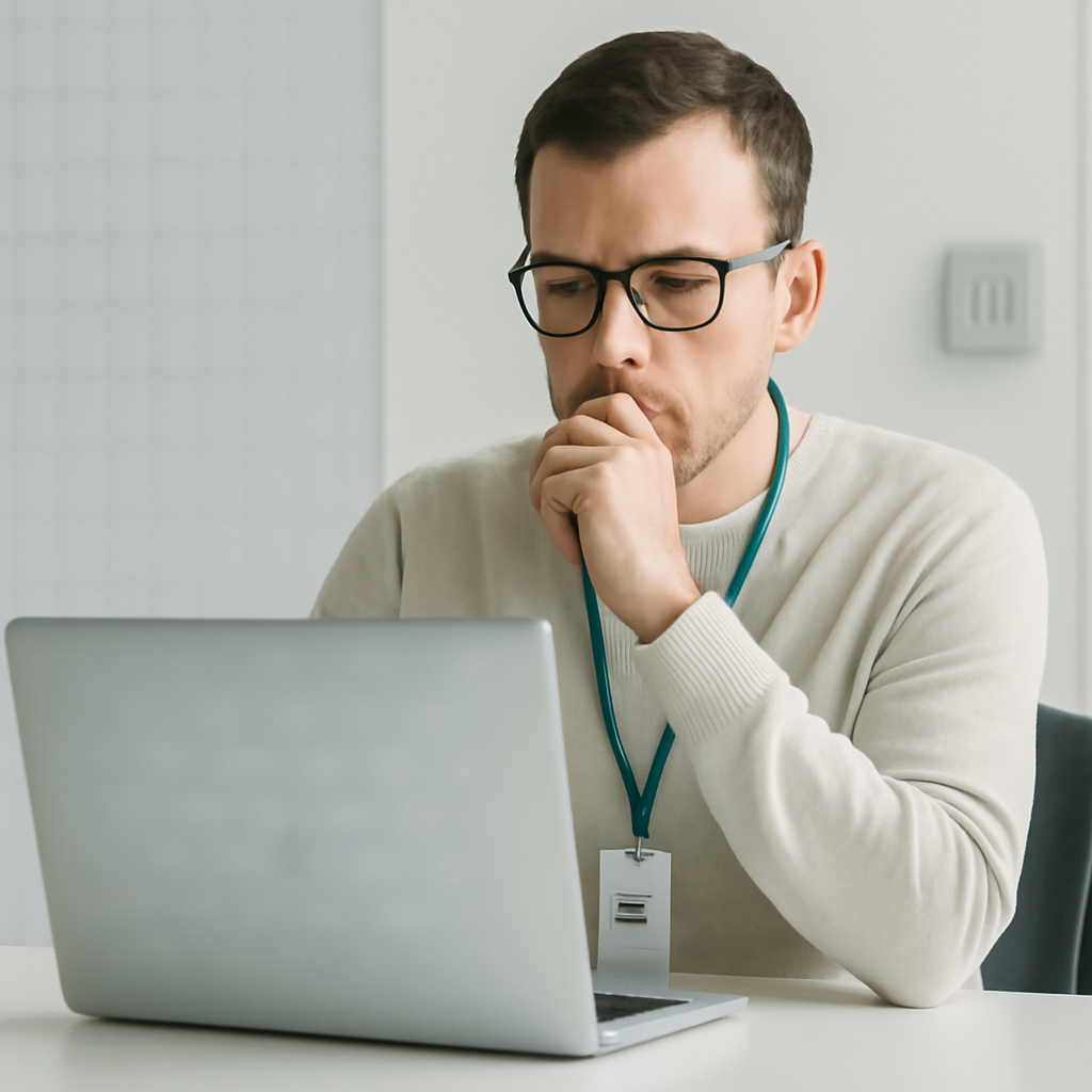 Person working on laptop in minimalist office with blurred screen, focused expression.