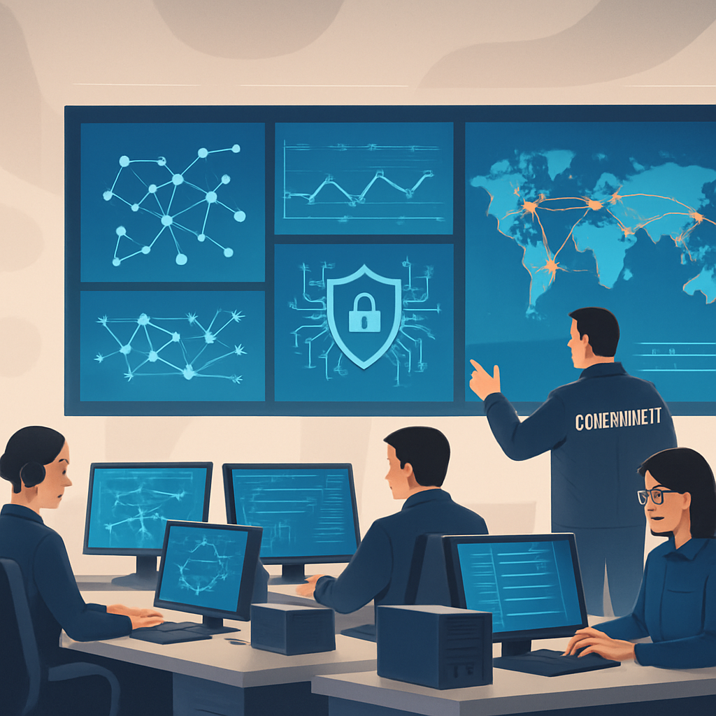 Cyber defenders work together in a brightly-lit operations center with multiple screens displaying network diagrams and…