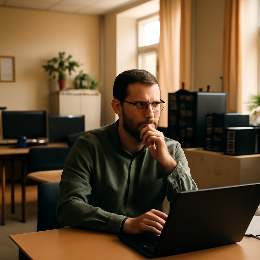 Cybersecurity professional works at computer station in modest office setting with equipment.