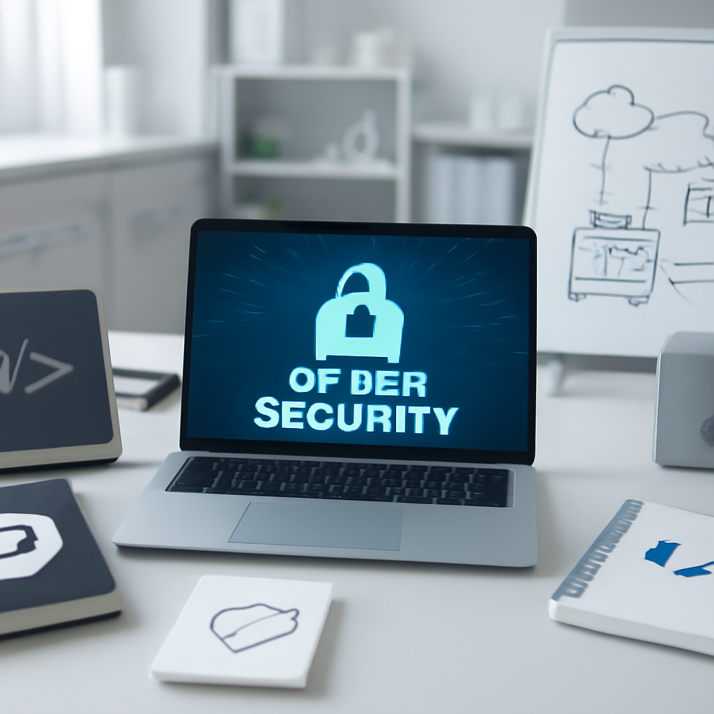Laptop on a neutral surface surrounded by cybersecurity and coding items in a bright lab setting.