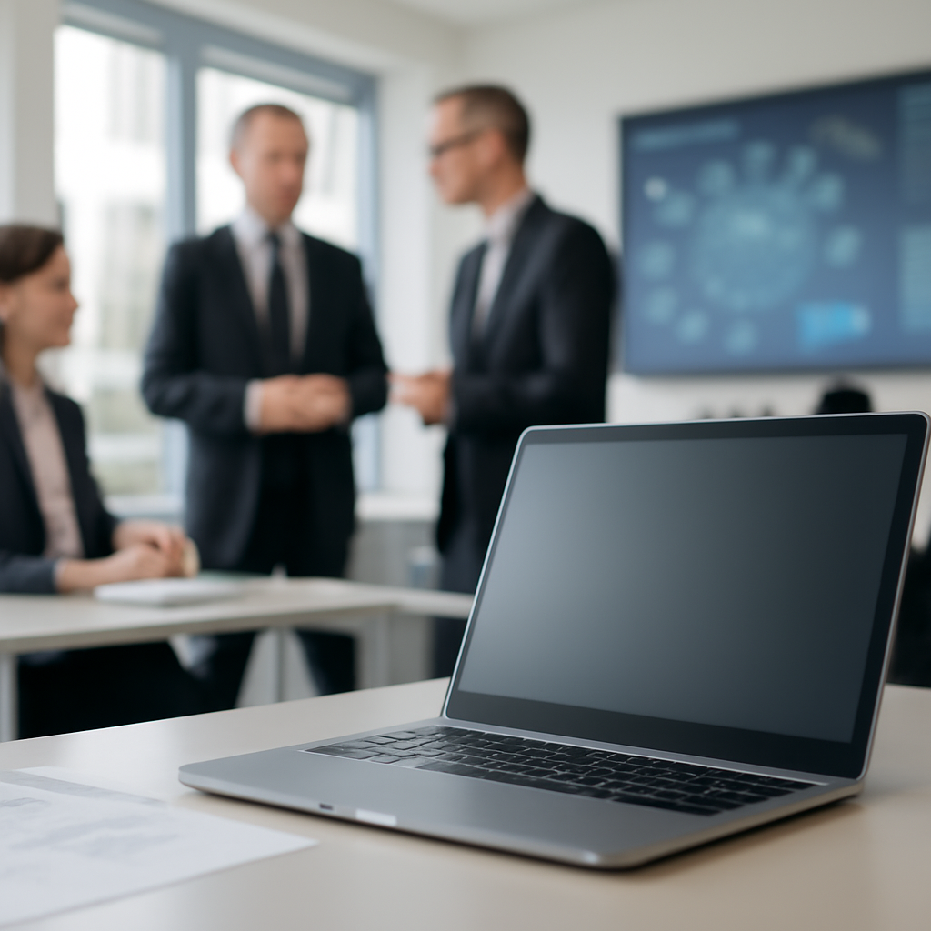 European cybersecurity officials gather around a sleek computer workstation.