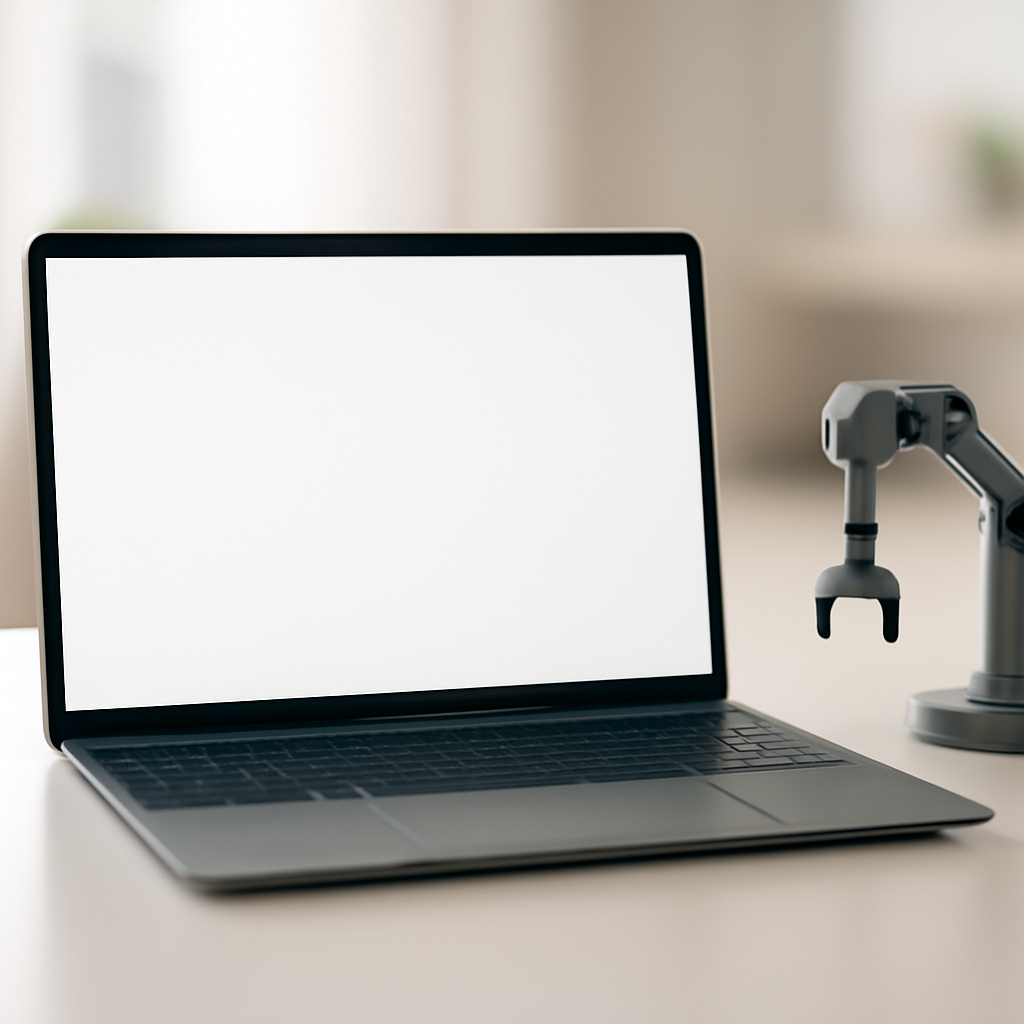 Laptop on a minimalist desk with a subtle robot in the background.