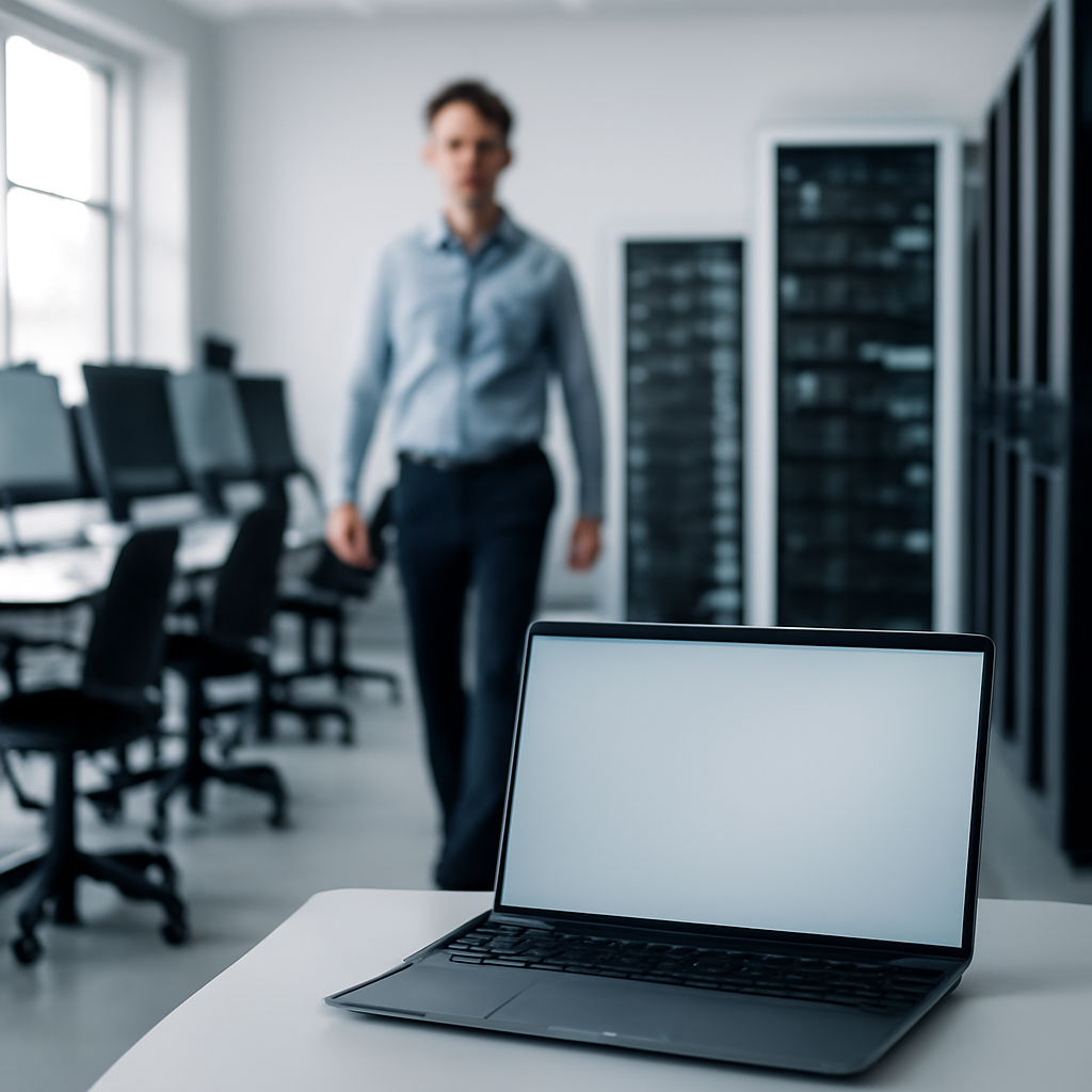 Modern tech research facility interior with laptop and blurred screen.