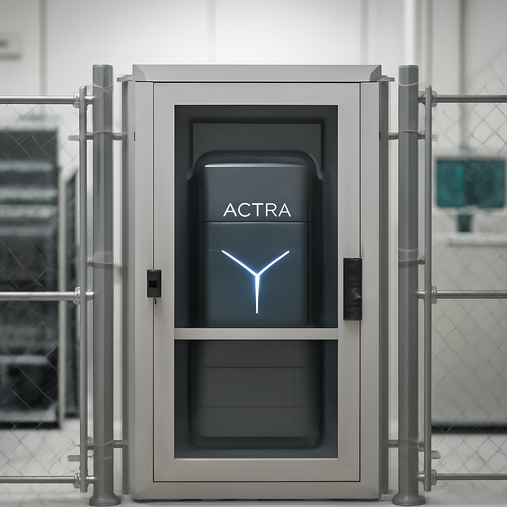 Secure, futuristic server system with multiple layers of protection in isolated testing environment.