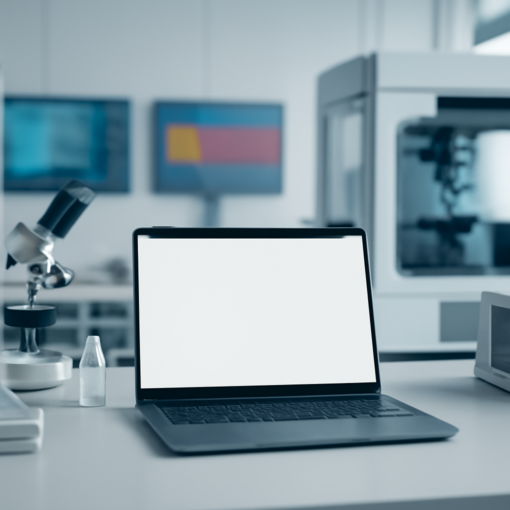 Modern tech lab with computer workstation and equipment on a clean surface.