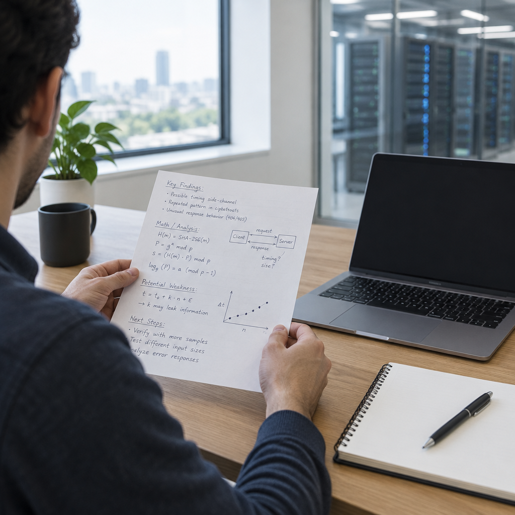 Security researcher analyzing notes and math problems at a desk with a laptop and blurred server room background.