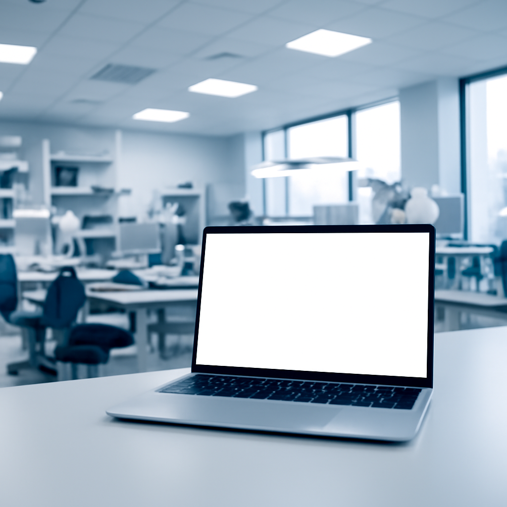 Modern tech lab with workstations and equipment, laptop screen on table.