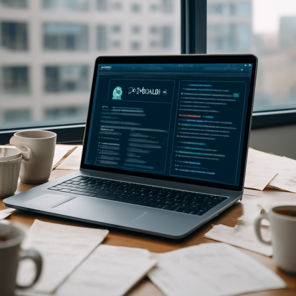 Developer workstation with npm package management software on laptop screen, surrounded by clutter, with cityscape visible…