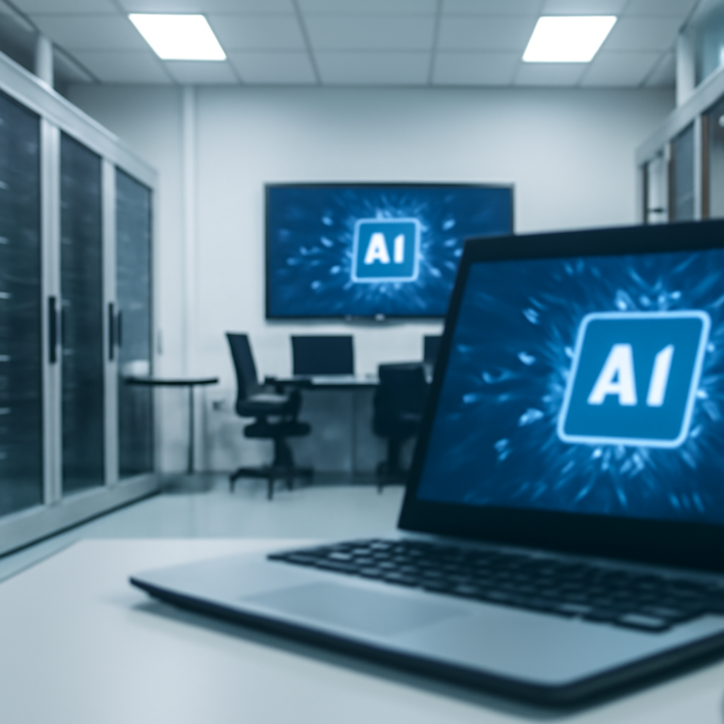Secure lab with computer workstations and AI equipment, blurred laptop screen in foreground.