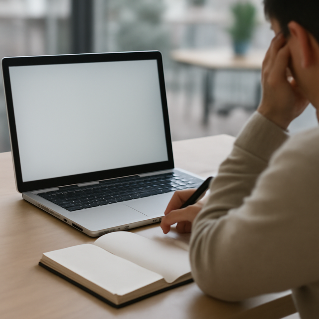 Person sitting at desk with laptop and notebook, surrounded by blurred office background, conveying disrupted productivity.