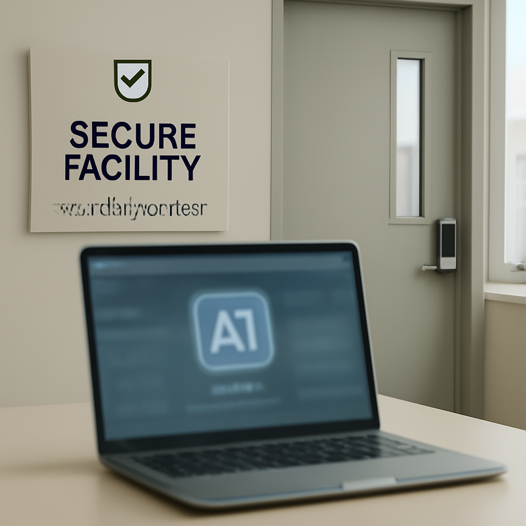 Secure facility interior with blurred laptop screen and cityscape view.