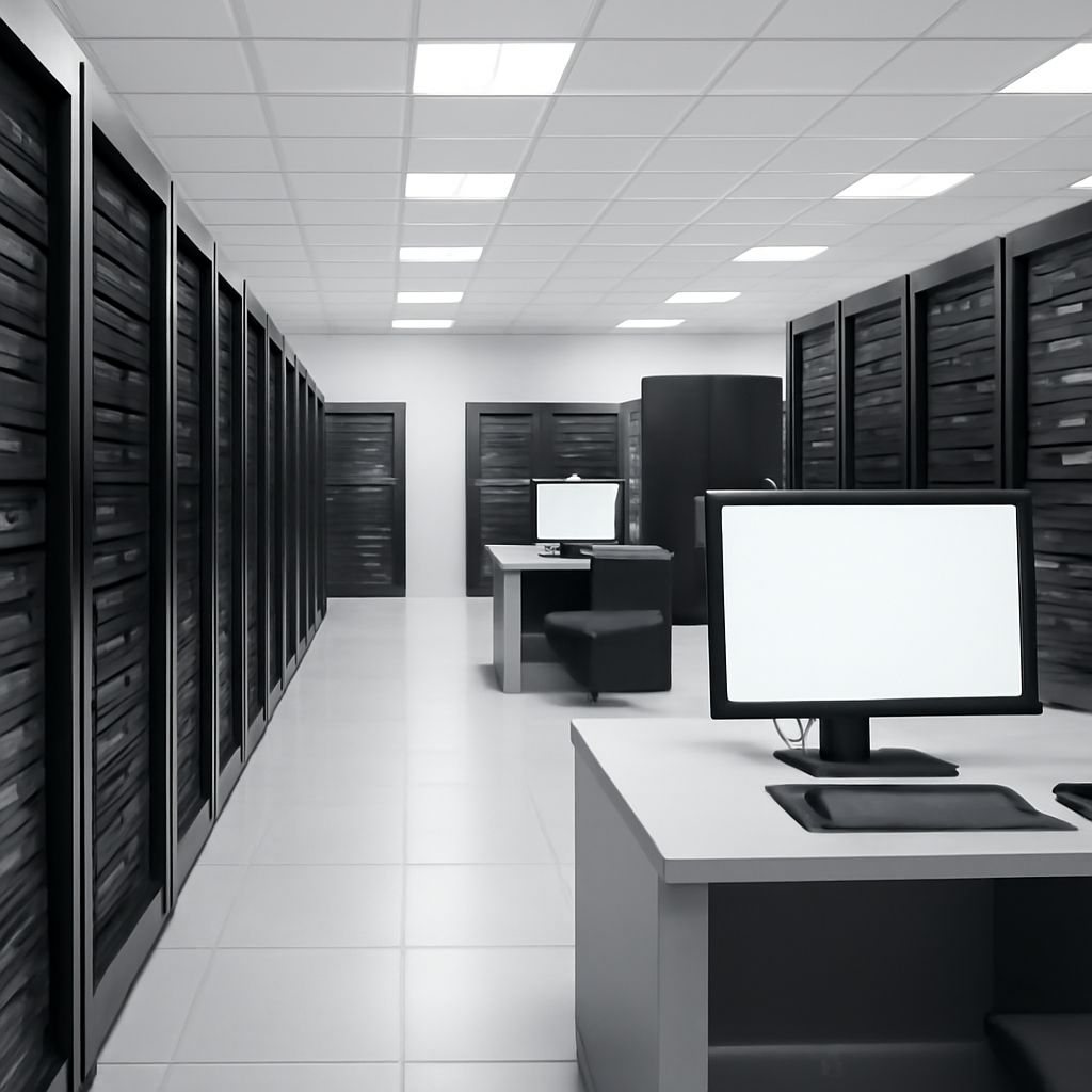 Rows of computer servers and networking equipment in a brightly-lit server room with a few workstation areas.