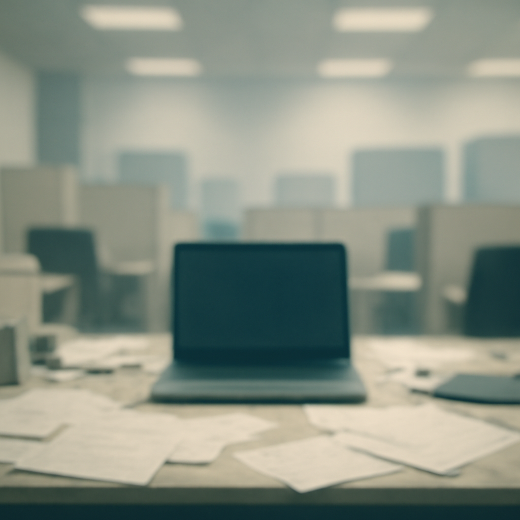 Cluttered office desk with blurred laptop screen and scattered papers.