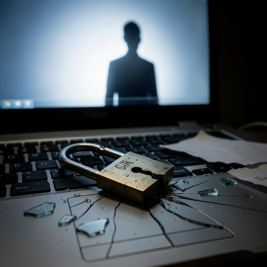 Broken padlock on cracked laptop keyboard surrounded by shattered glass and torn paper, with ominous shadow in background.