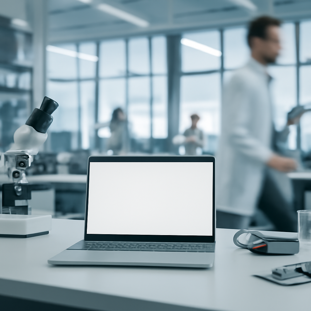 A computer workstation sits on a clean surface in a bright, neutral-colored laboratory setting.