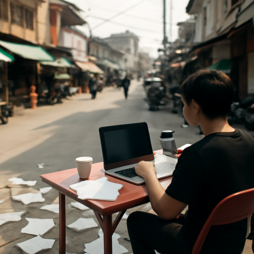 Person working on laptop and smartphone at outdoor table amidst scattered papers.