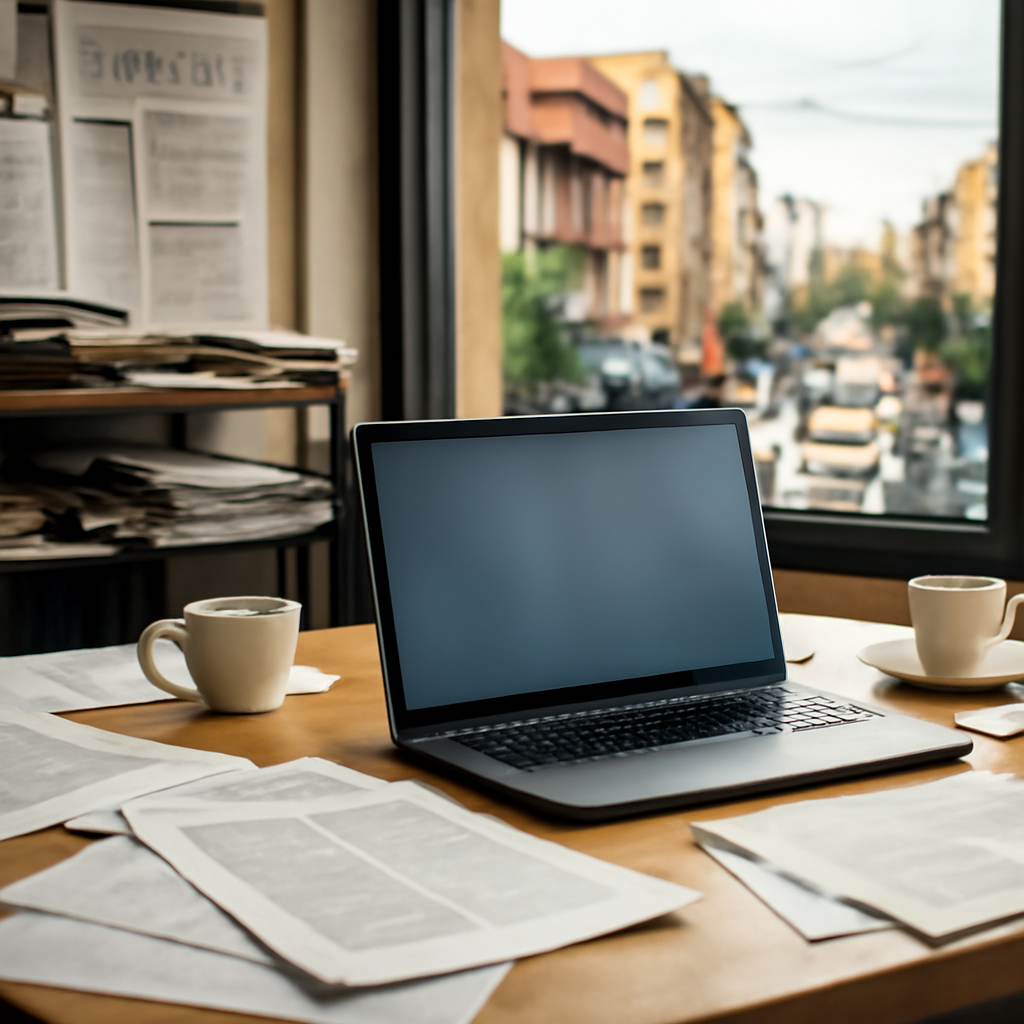 A journalist's workspace with laptop and papers on a desk, overlooking a bustling Latin American cityscape.