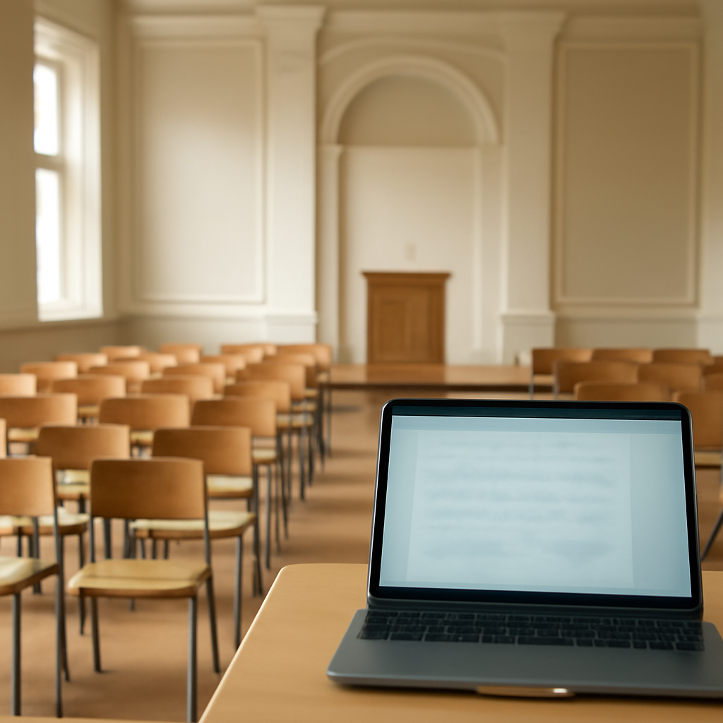 A blurred computer screen sits on a podium in a brightly-lit university lecture hall or government building with empty…