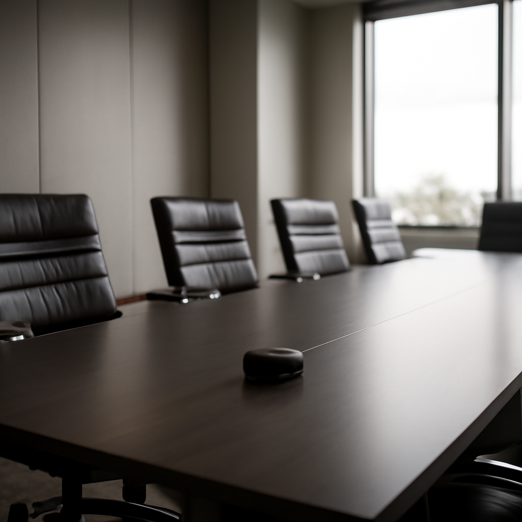 Modern conference room with hidden recording device on the table.