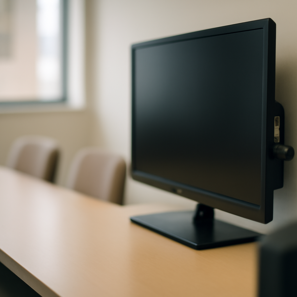 A small recording device is plugged into a TV's USB port in a corporate conference room.