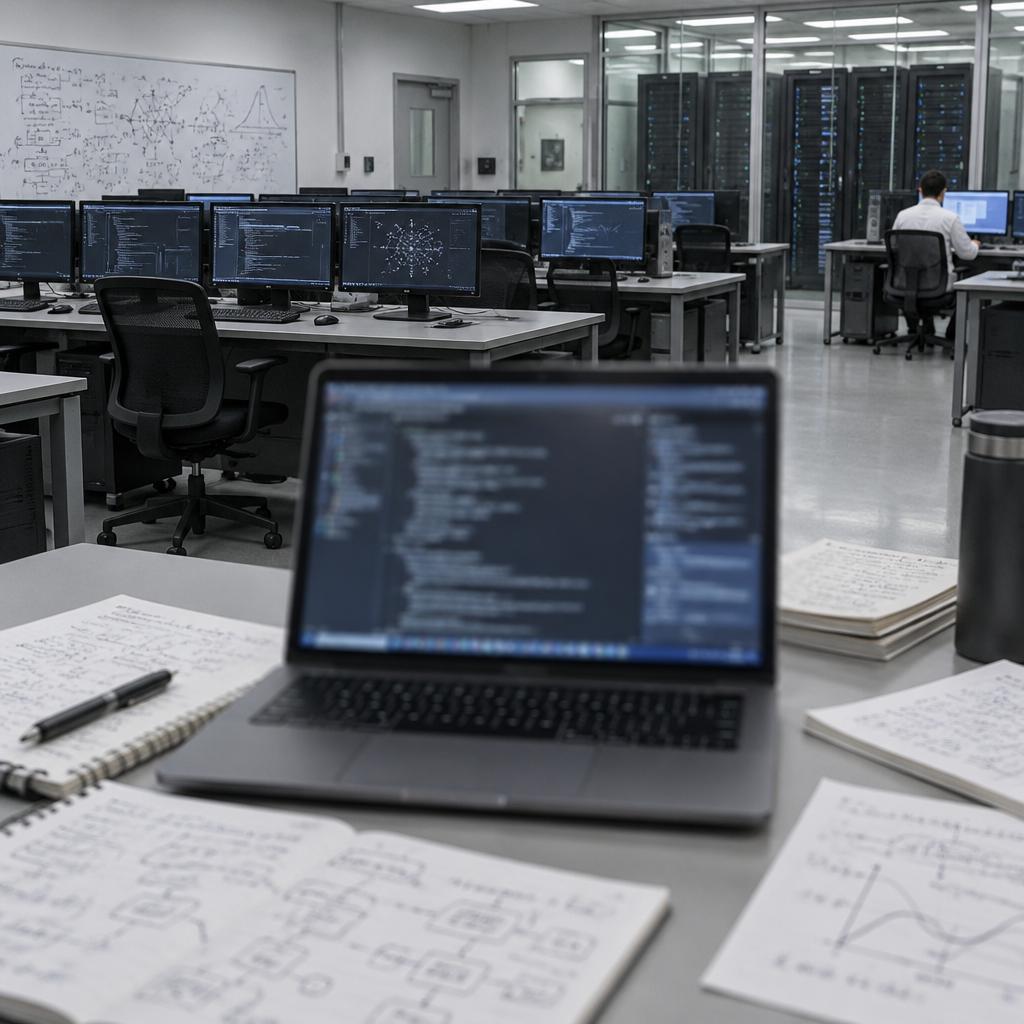 Secure computer lab with rows of workstations and a blurred laptop screen surrounded by notes and papers.
