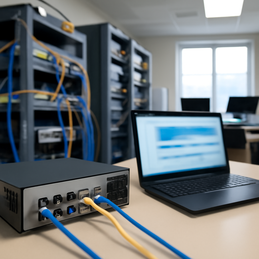 Network operations room with computer workstations and equipment, one laptop screen blurred, router and cables in foreground.