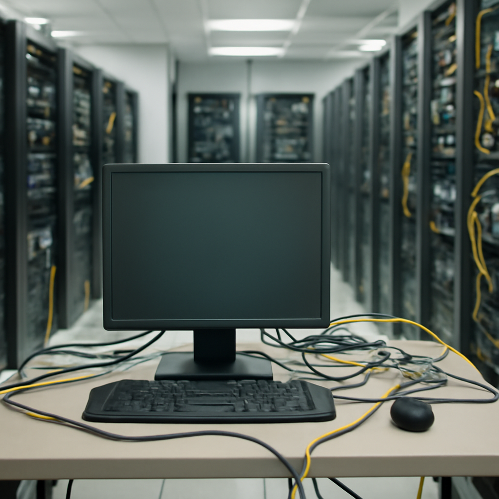 Server room with rows of equipment and a single isolated workstation.