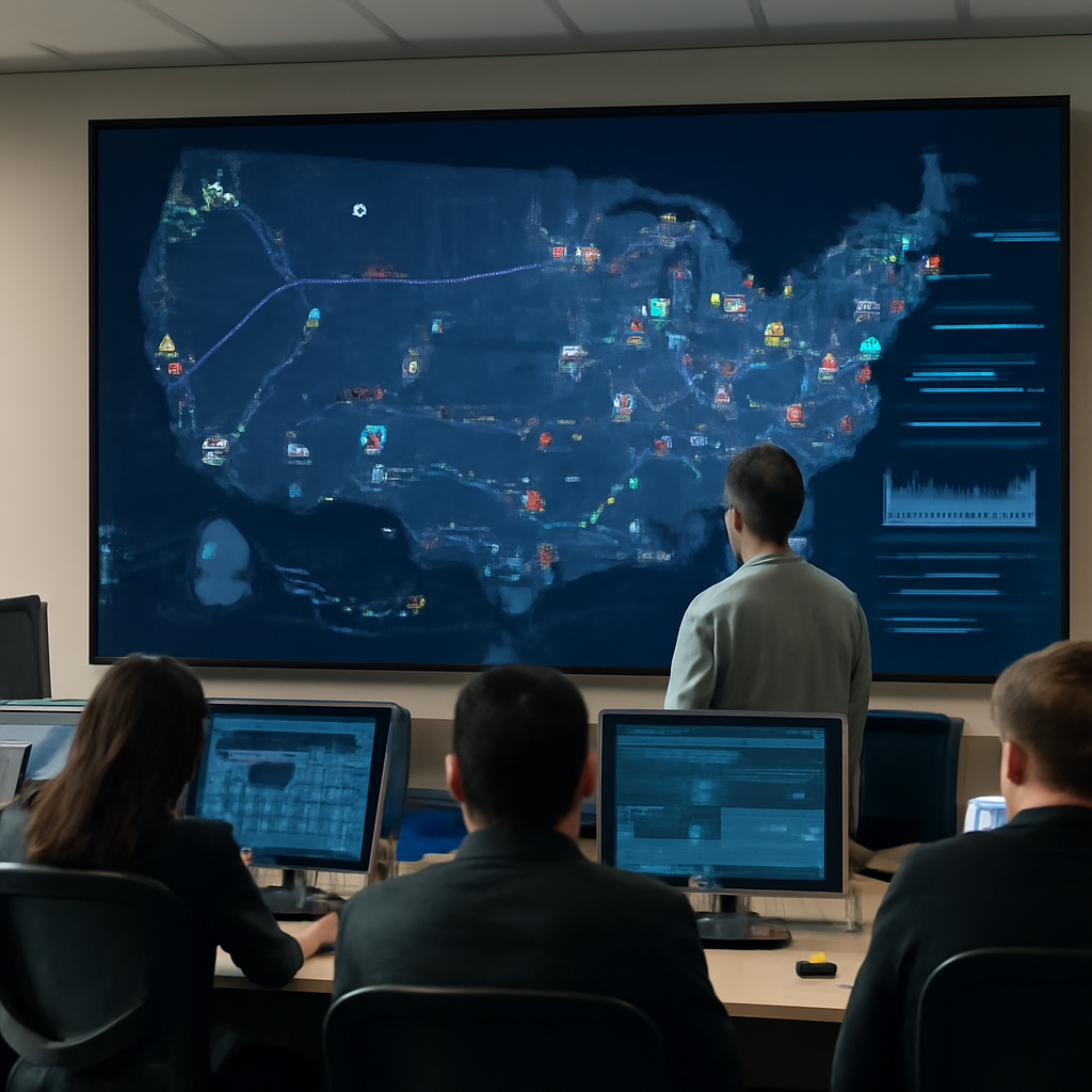 Analysts monitor online activity on a large screen displaying a US map with indicators and markers.