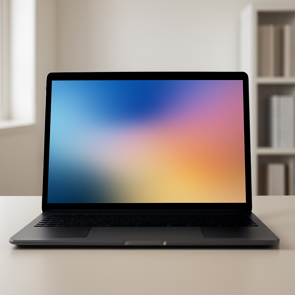 Laptop screen on a minimalist desk displays a blurred gradient pattern with a bookshelf in the background.