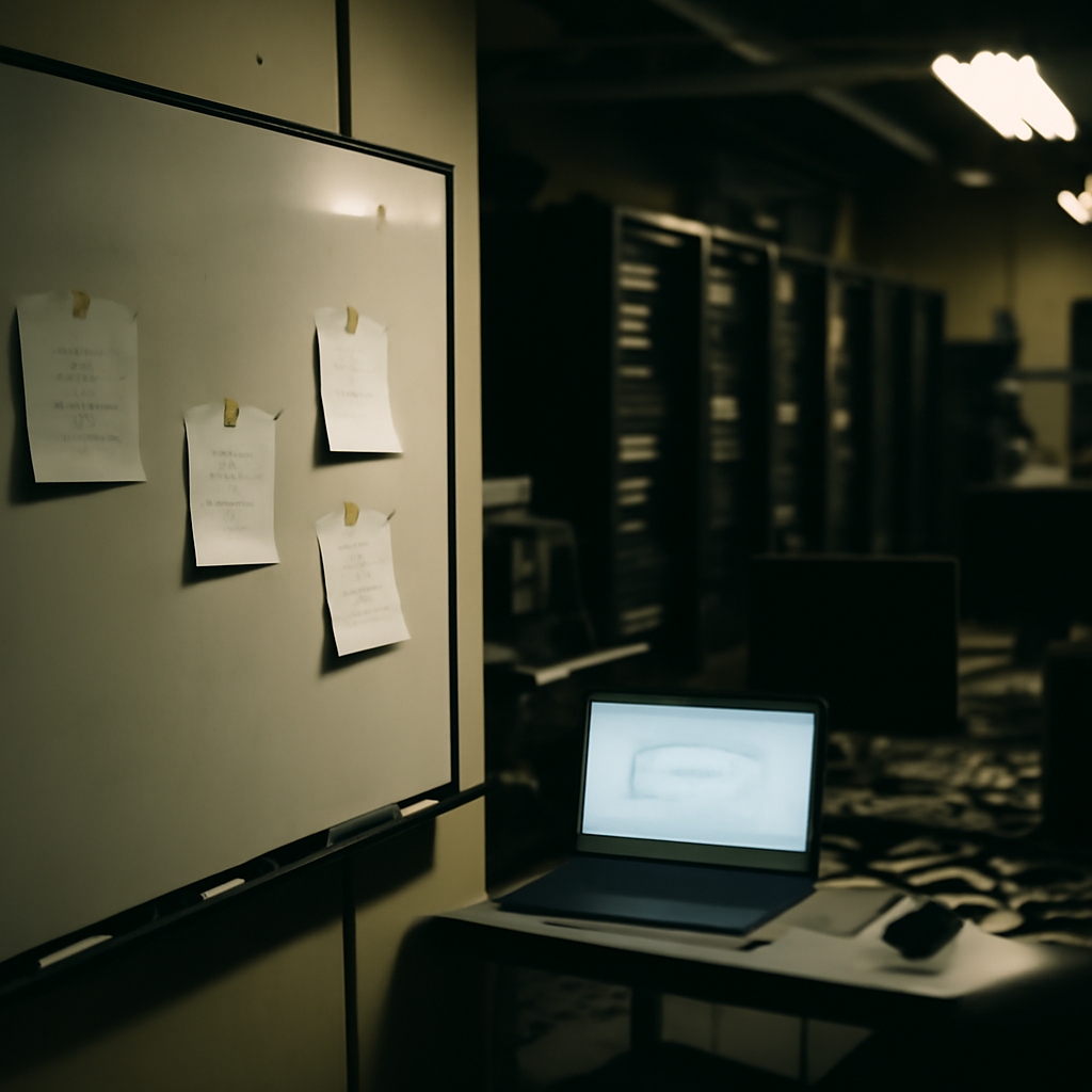 Dimly lit lab with computer servers, workstations, and a blank whiteboard with scattered notes.