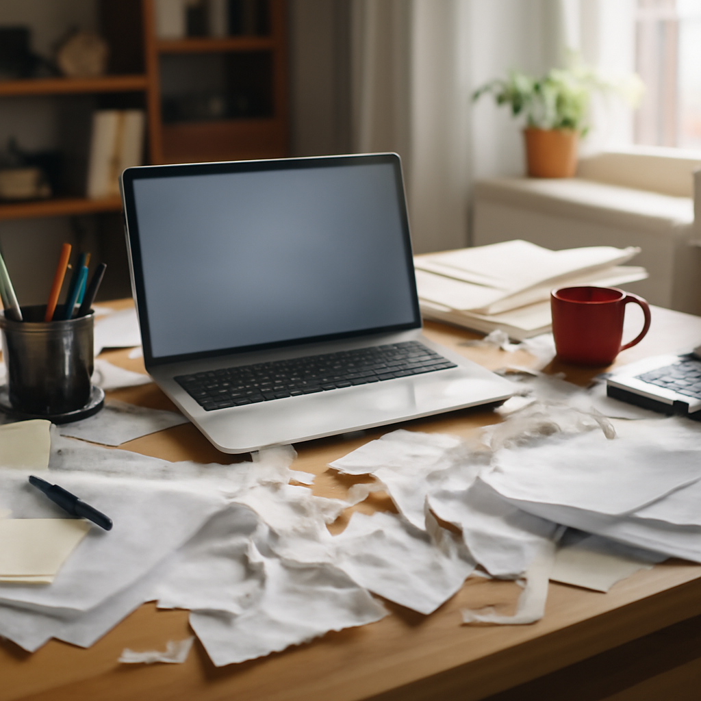 Cluttered desk with laptop, scattered papers, and office supplies, hinting at disorganization.