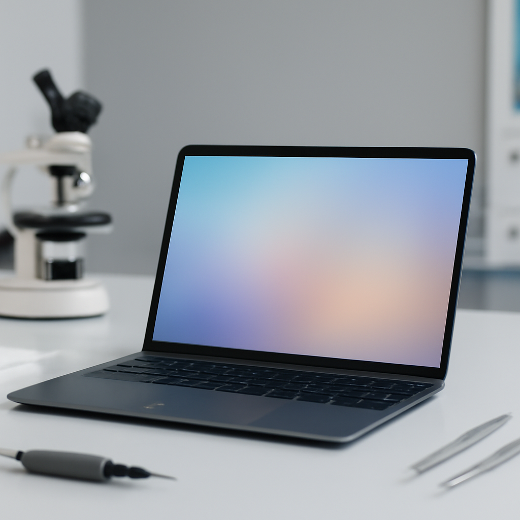 A well-lit office workstation with a laptop and technical tools on a clean, neutral-colored desk.