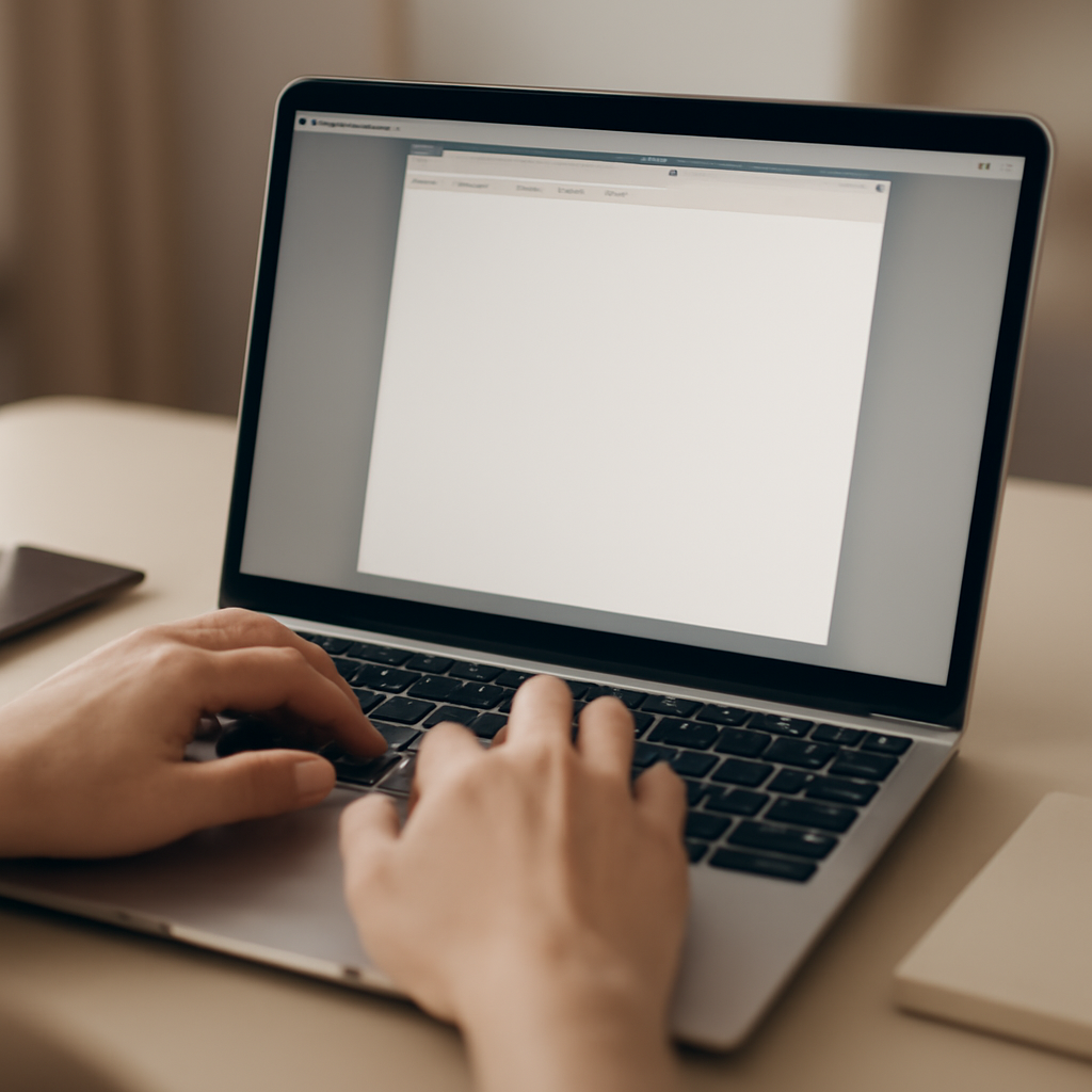 Laptop on a desk with fingers poised over keyboard and a phone nearby.