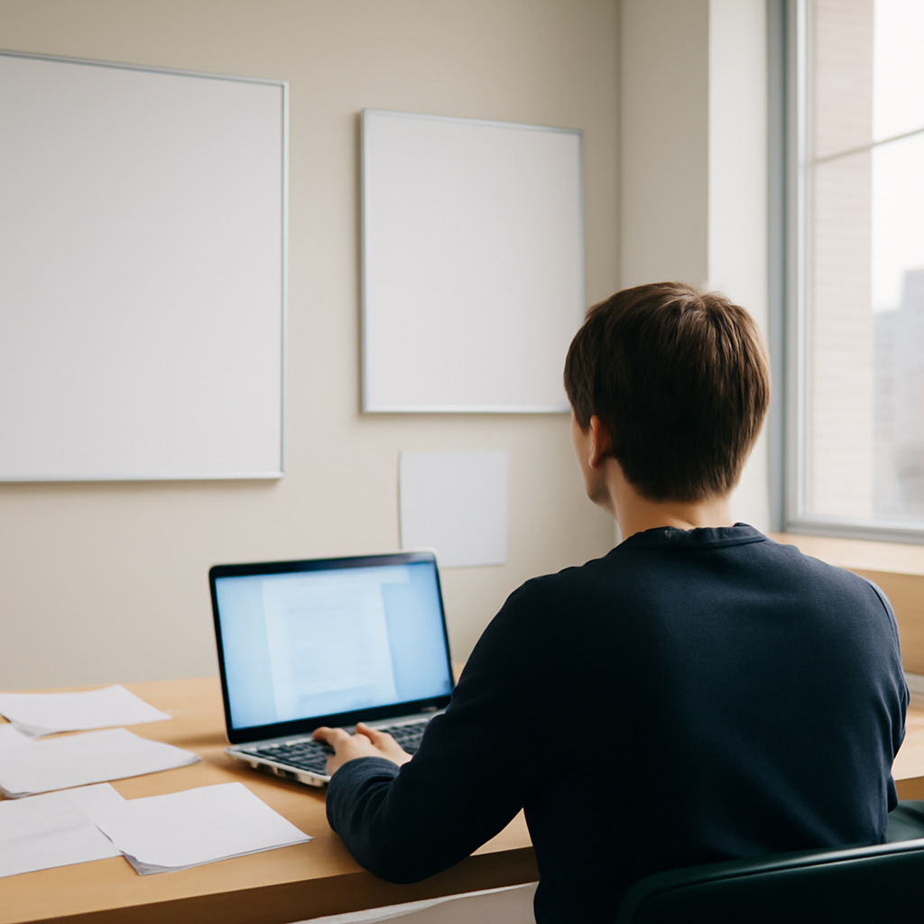 Person sits at desk with laptop, surrounded by empty whiteboards and papers in a neutral office setting.