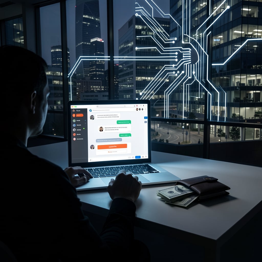 Person sitting at desk with glowing laptop, considering subscription upgrade amidst pile of cash.
