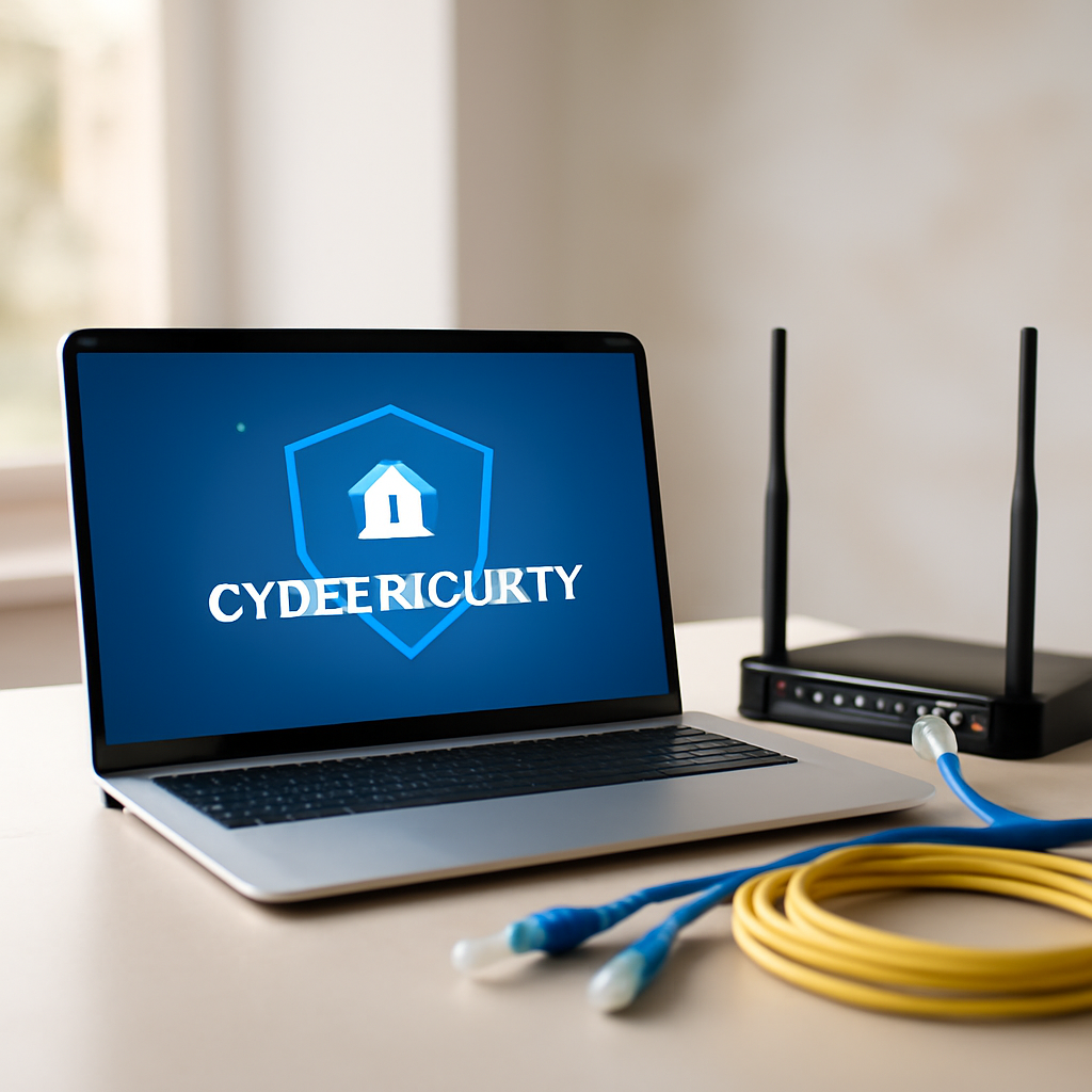 Cybersecurity equipment and laptop in a clean room setting with natural light.