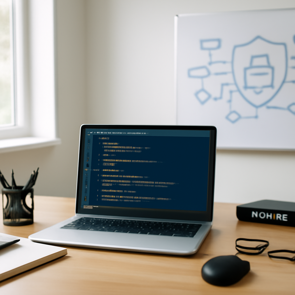Developer workstation with laptop and coding tools in a clean room with natural daylight and abstract software diagram on…
