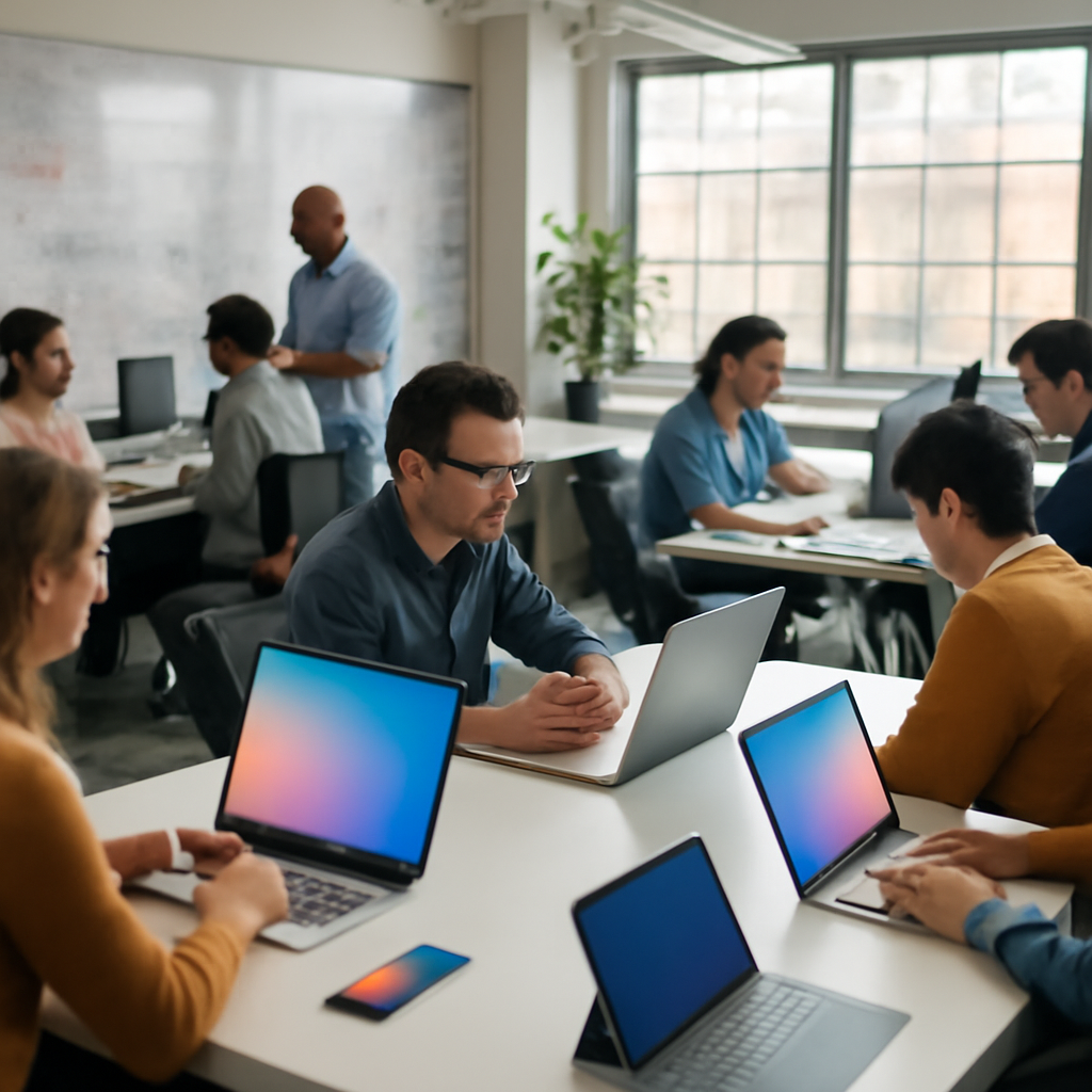 Busy office workspace with people working at computers, surrounded by whiteboards and collaboration areas, with natural…
