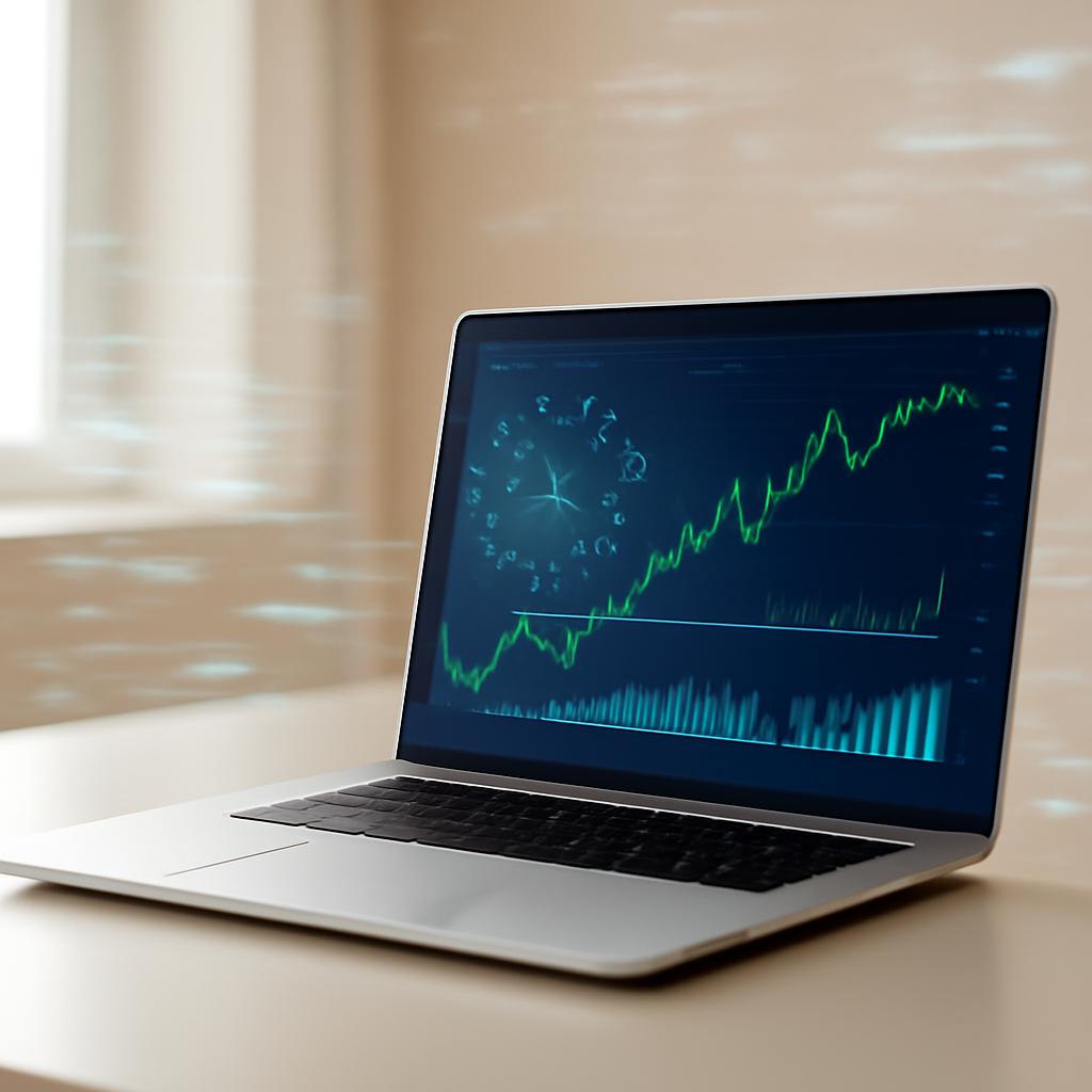 Cryptocurrency trading app on laptop with blockchain visualization in background.