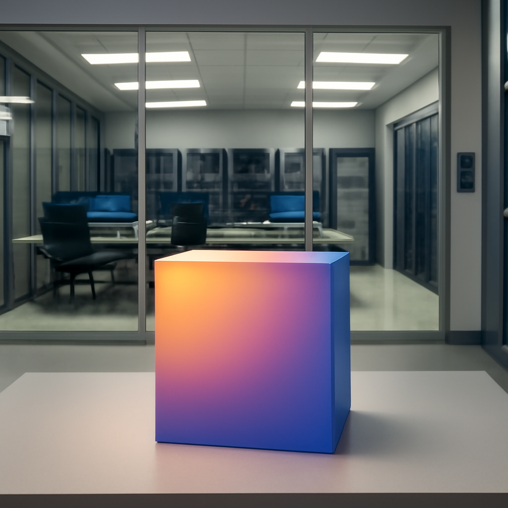 Secure research facility with computer workstations and abstract server representation.