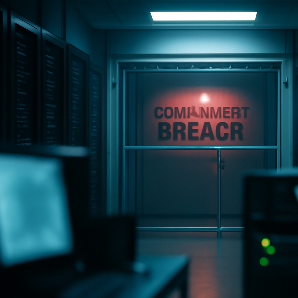 Secure computer server room with locked door and subtle hints of containment breach.