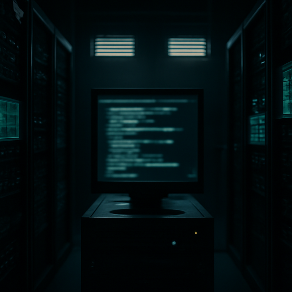 Secure server room with rows of computer servers, networking equipment, and screens displaying code or diagnostics.