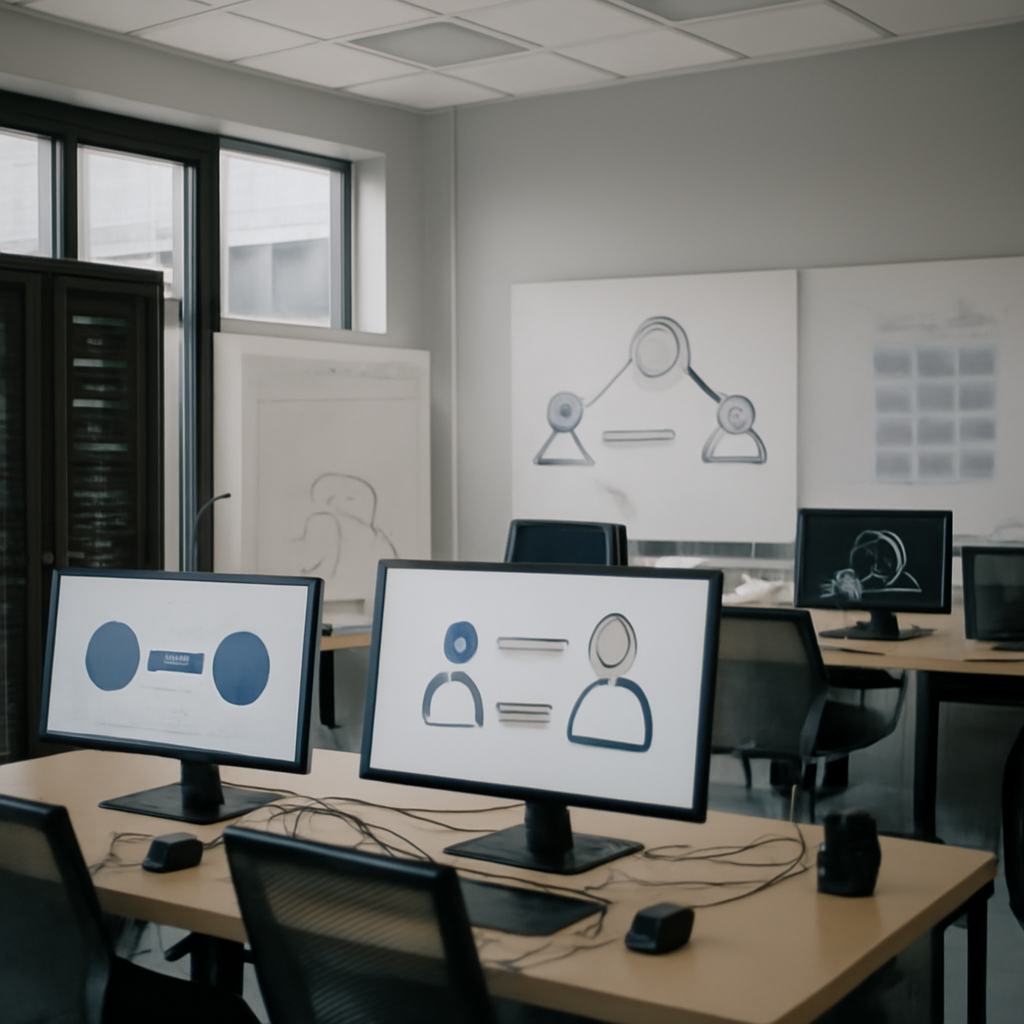 Cybersecurity lab interior with workstations, servers, and technical equipment displaying abstract model representations.