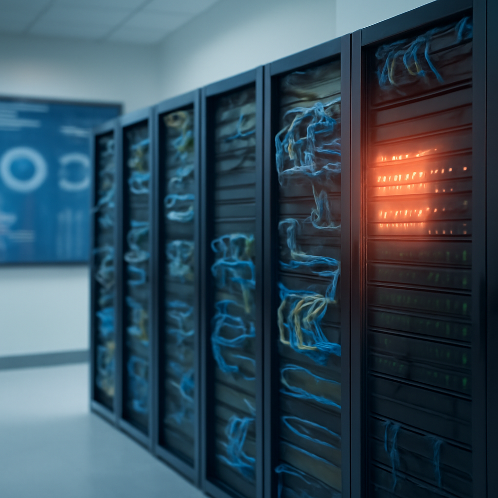 Server room with rows of equipment, one server highlighted to indicate a breach.
