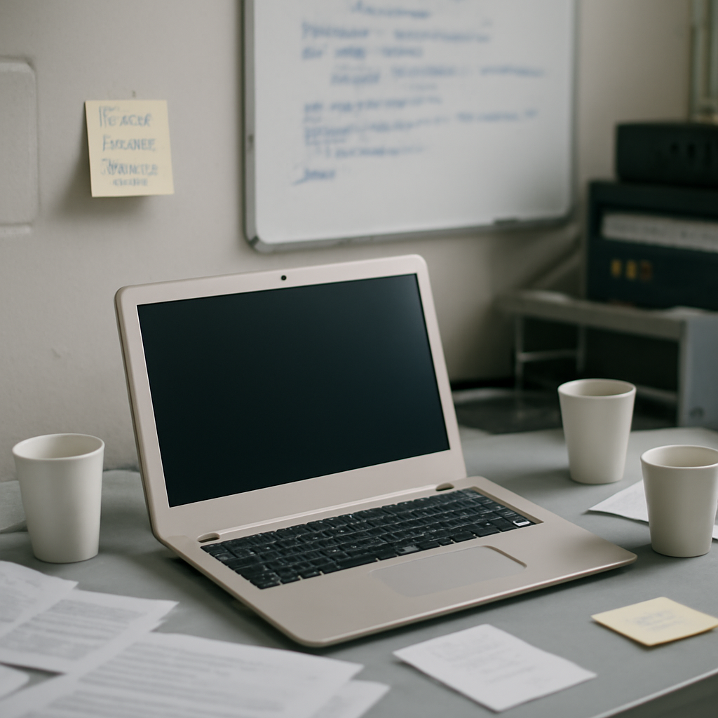 Cluttered computer workstation with scattered papers and a blurred laptop screen in a neutral-colored industrial setting.