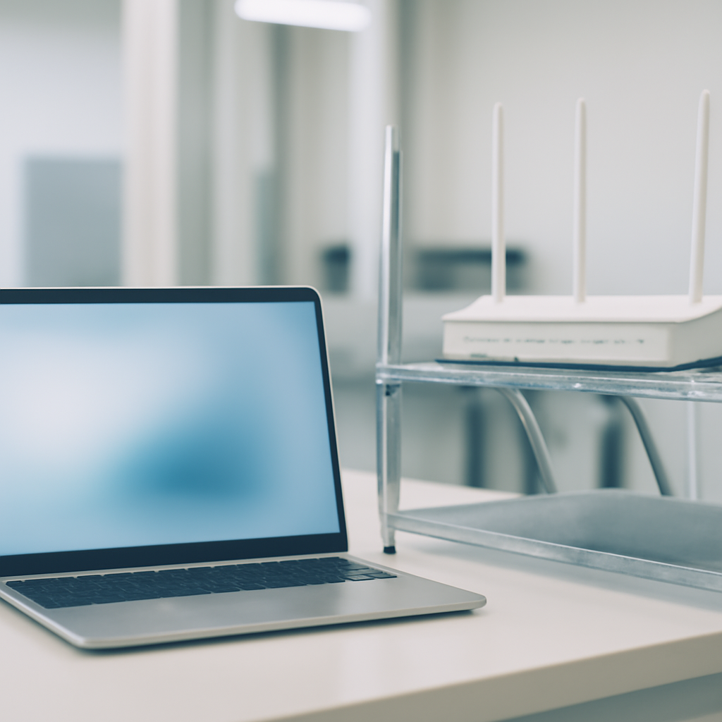 Computer workstation with laptop and router in a clean testing environment.